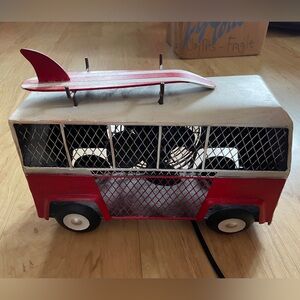 Red and White Toy Bus with Surfboard